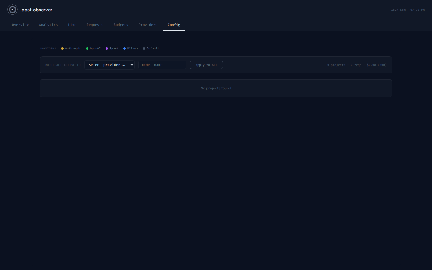 Routing config — per-project provider/model overrides, applied per-request at the gateway