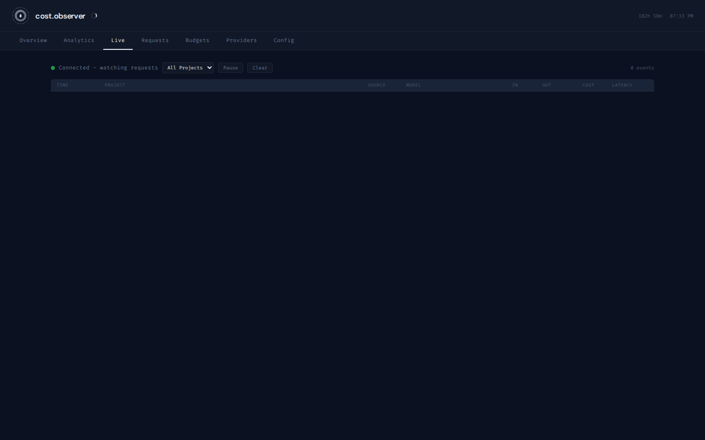 Live tail — server-sent stream of in-flight requests, scoped by project, with pause / clear controls