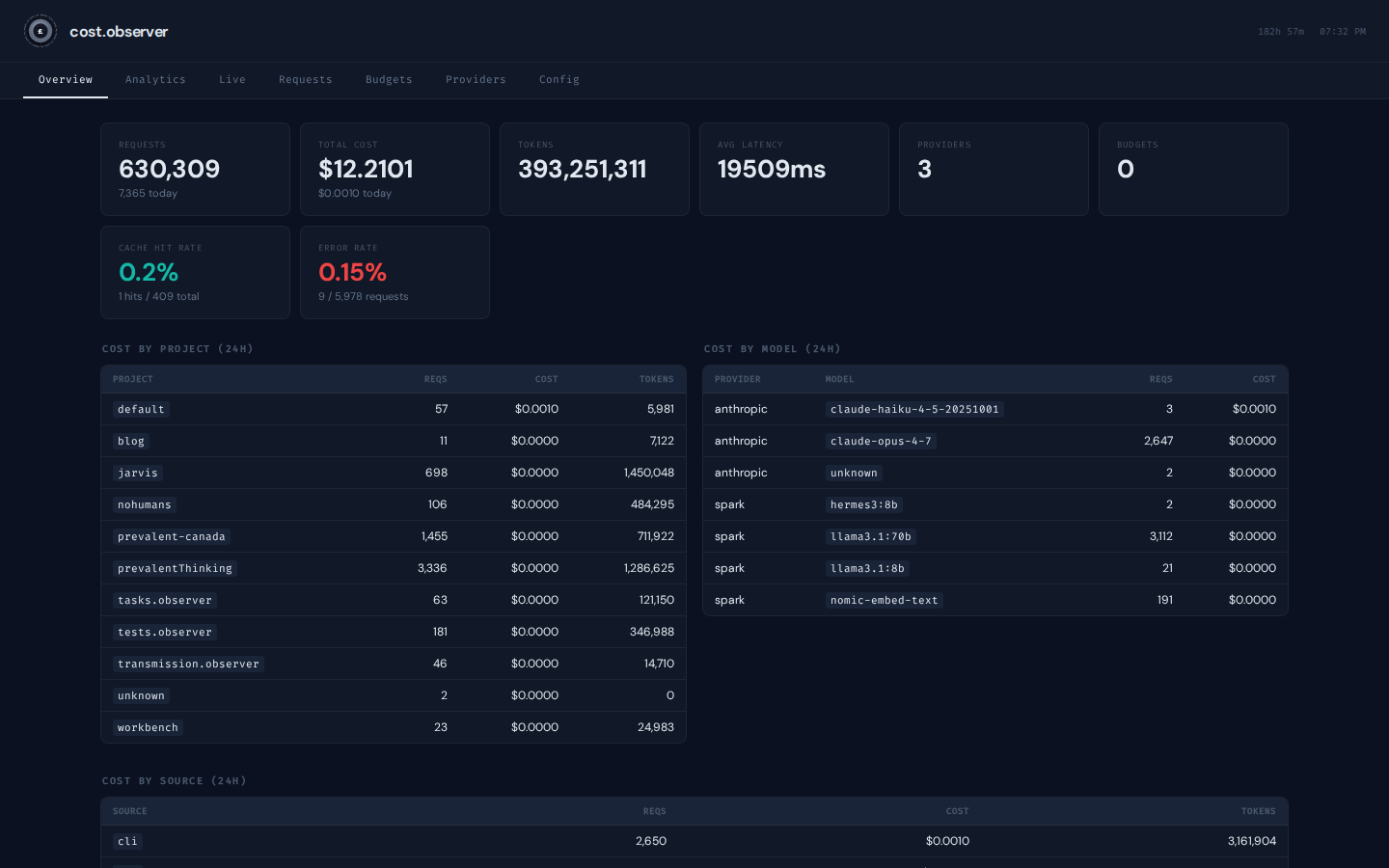 Overview — KPIs (requests, total cost, tokens, error rate) plus cost broken down by project, model, and source over 24h