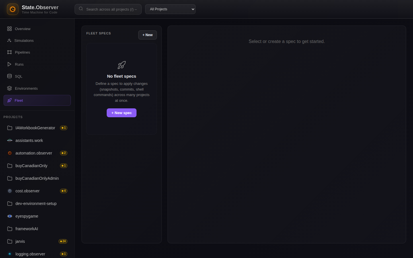 Fleet specs — apply snapshots, commits, or shell commands across many projects at once