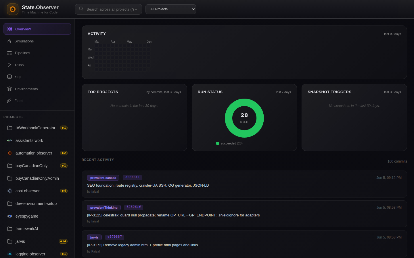 Portfolio overview — activity calendar, top projects, run status across every repo