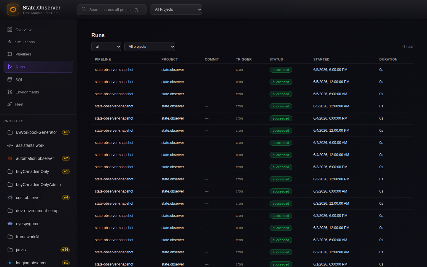 Cron-triggered snapshot runs with per-project history and trigger metadata