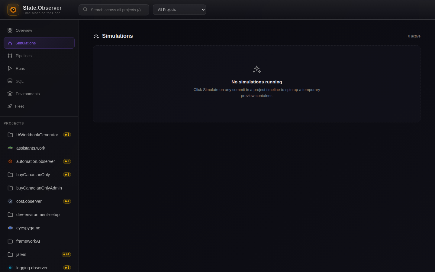 Simulations — sandbox commits and deploys against your project graph before they touch real state