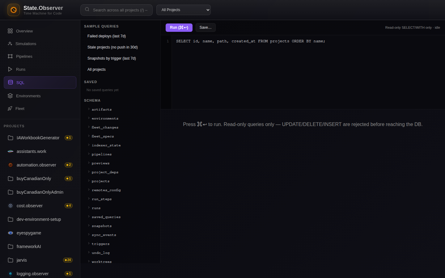 Built-in SQL workbench against the snapshot store — read-only, schema-aware