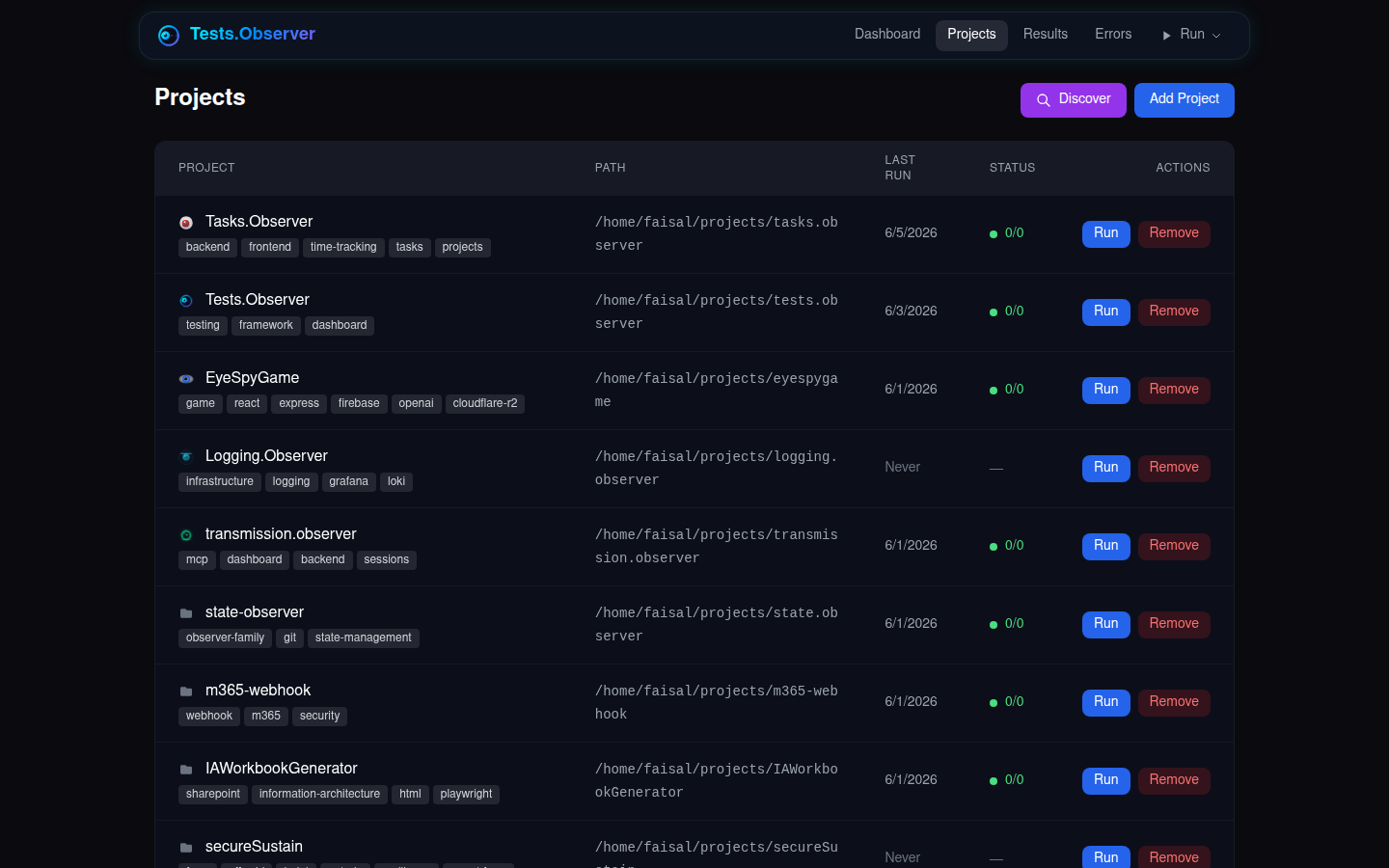 Registered projects with auto-detected stack tags, last-run pass counts, and one-click run buttons