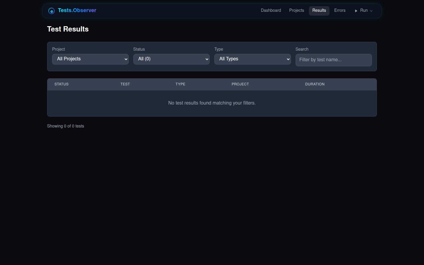 Test results — filter across projects, statuses, and types; drill into individual test runs